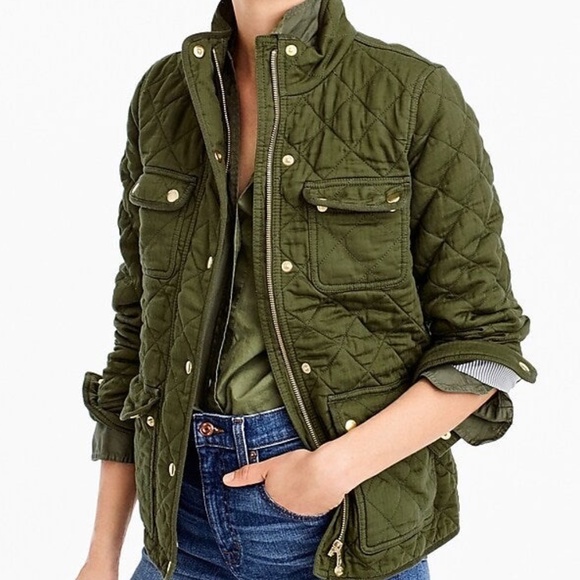 J. Crew Jackets & Blazers - J. Crew Quilted Downtown Field Green Cotton Zip Gold Snap Jacket XS